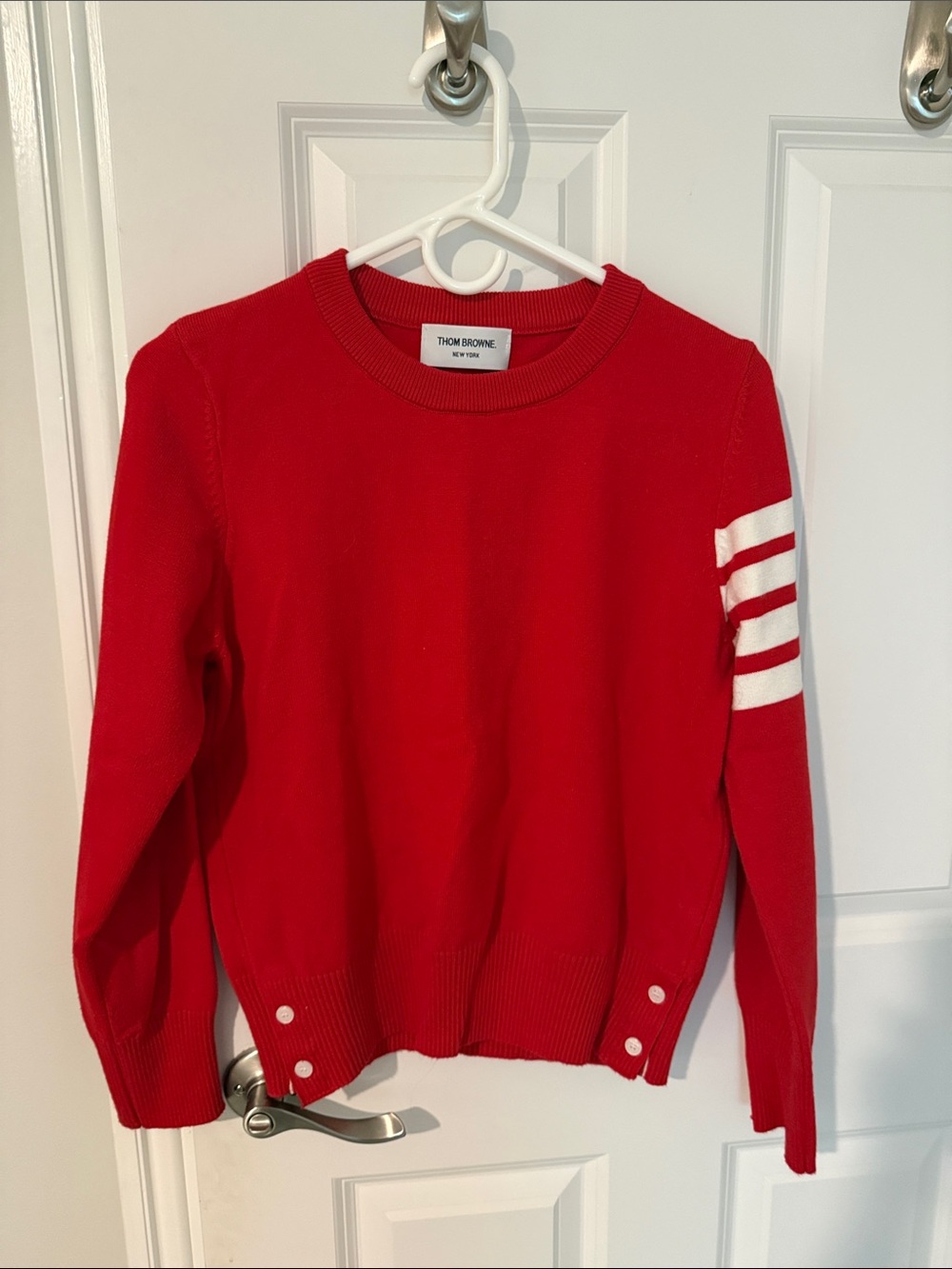 Thom Browne Red Crewneck Sweater with White Arm Stripes